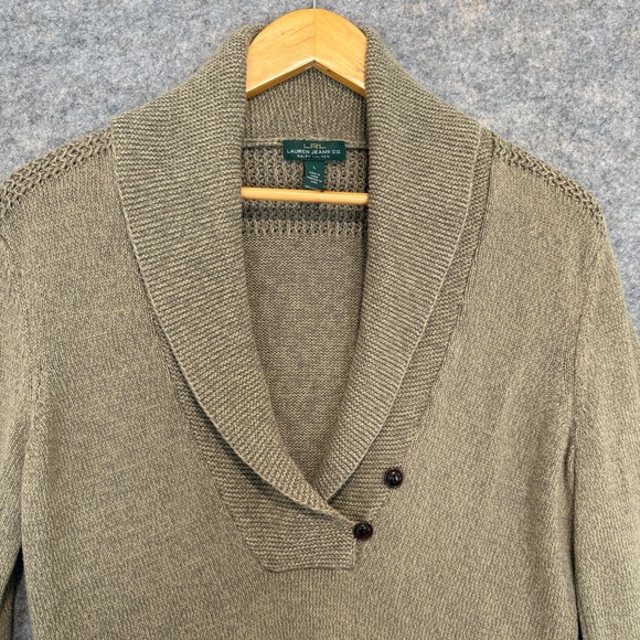 Lauren Ralph Lauren Shawl Henley Cardigan Sweater Womens Large Tan‎ Knit Crochet - Picture 2 of 12